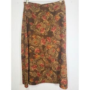 Vintage Brown Floral Midi Womens Skirt Baroque Leopard Cottagecore Size XL Boho
